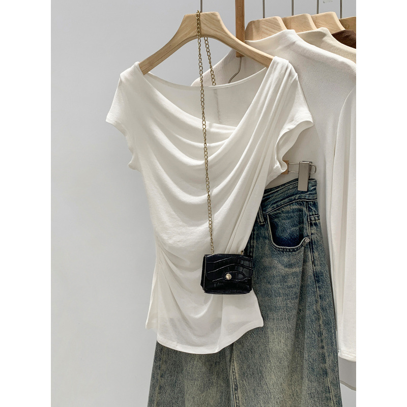 Original Real Shot of Lyocell Tencel Off-Shoulder Short-Sleeve T-Shirt, Summer 2026 New Style, Pure and Alluring Top