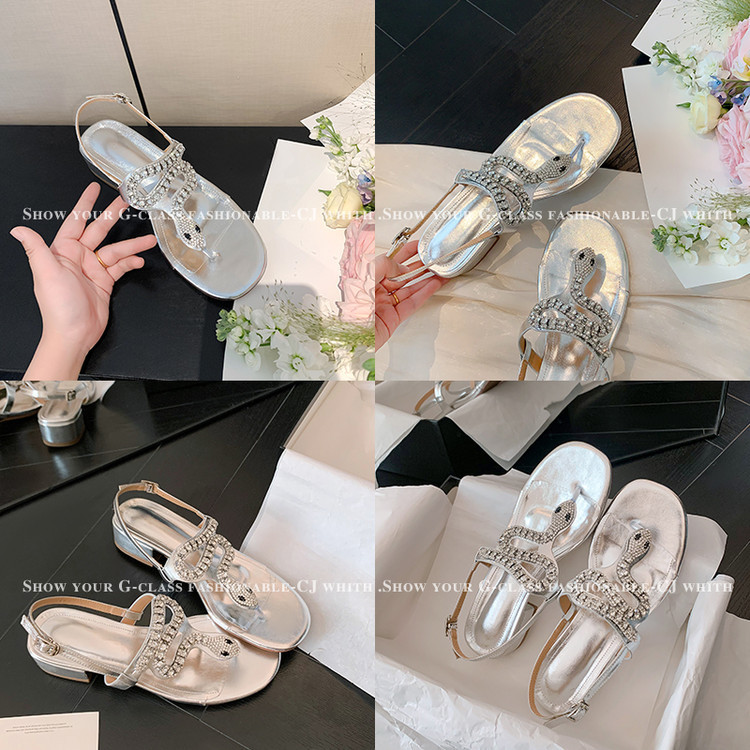 Dép xỏ ngón nữ da thật gót trung dày hở ngón phong cách Pháp đính đá rhinestone — Màu bạc chi tiết 18