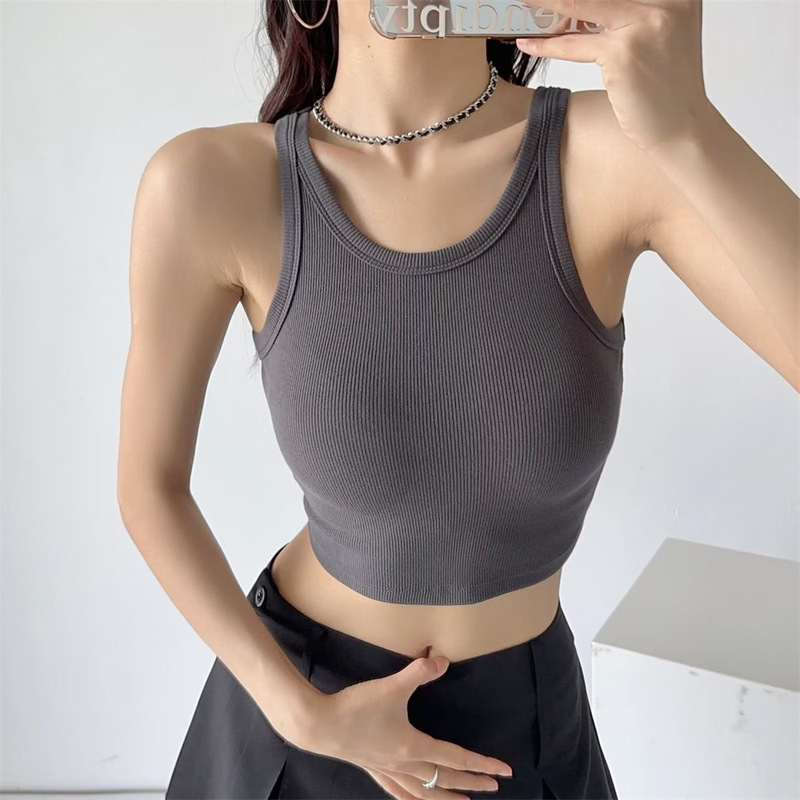 Fashion Women's European and American-style Tight Short Round Neck Vest Solid Color Stretch Slim-fit High Waist Sling Small Top