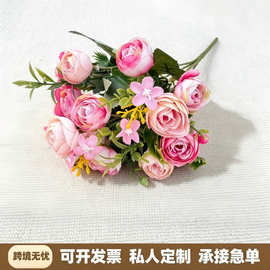 跨境新品仿真花5叉小茶包小花束桌面装饰假花婚庆手捧花手工绢花
