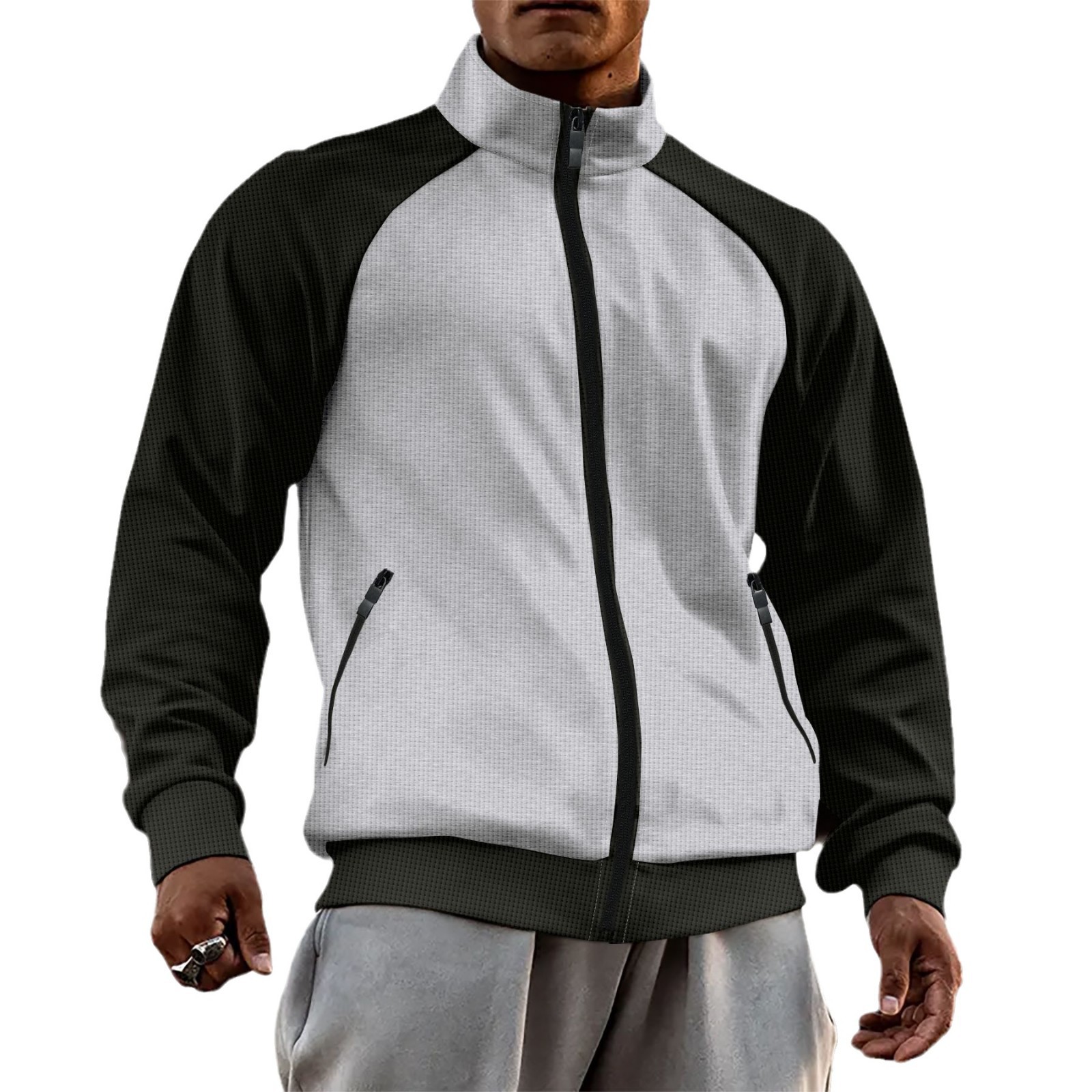 Men's Clothing Jacket Turtleneck Colorblock Zipper Raglan Sleeve Zipper Cardigan Jacket_voghion.com
