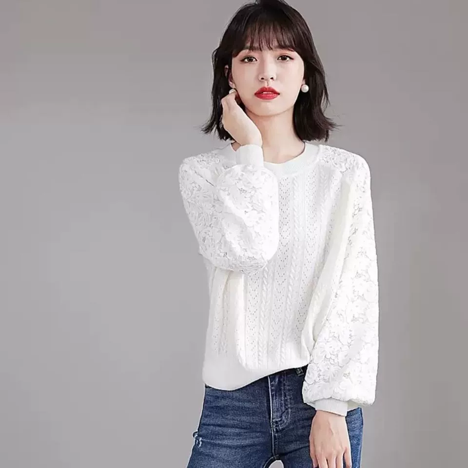 Ранняя осень Новый кружевной полый вязаный свитер Фонарь с длинным рукавом Витой ленивый стиль Свободный свитер Модный корейский стиль