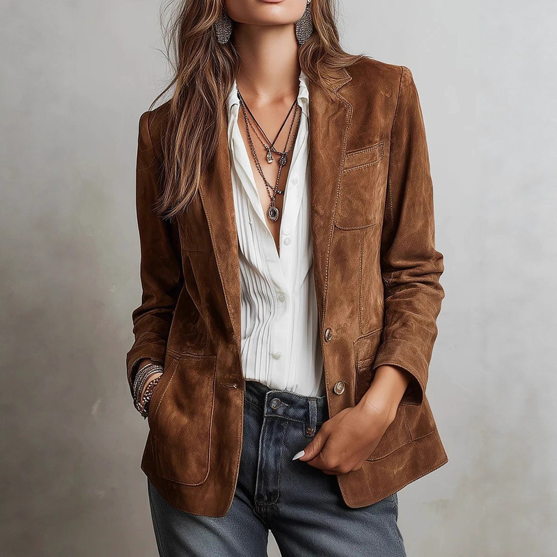 2025 European and American Cross-Border Autumn Women's Elegant Brown Suede Jacket with Pockets and Buttons