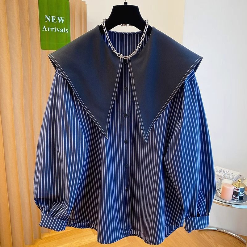 Extra Large Size 150kg French Doll Collar Long-Sleeved Shirt for Women, Spring and Autumn Design, Fashionable Striped Sailor Collar Top
