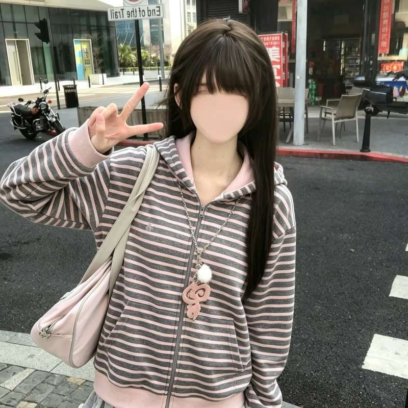 Girls' striped hooded cardigan sweatshirt, new spring/autumn style, loose-fitting Korean-style outerwear for women