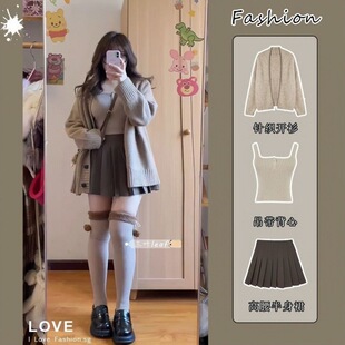 suit Women's plus size Chubby Sister Lazy Style Vintage Knitted Sweater Cardigan Vest High Waist Pleated Skirt Women's Autumn and Winter