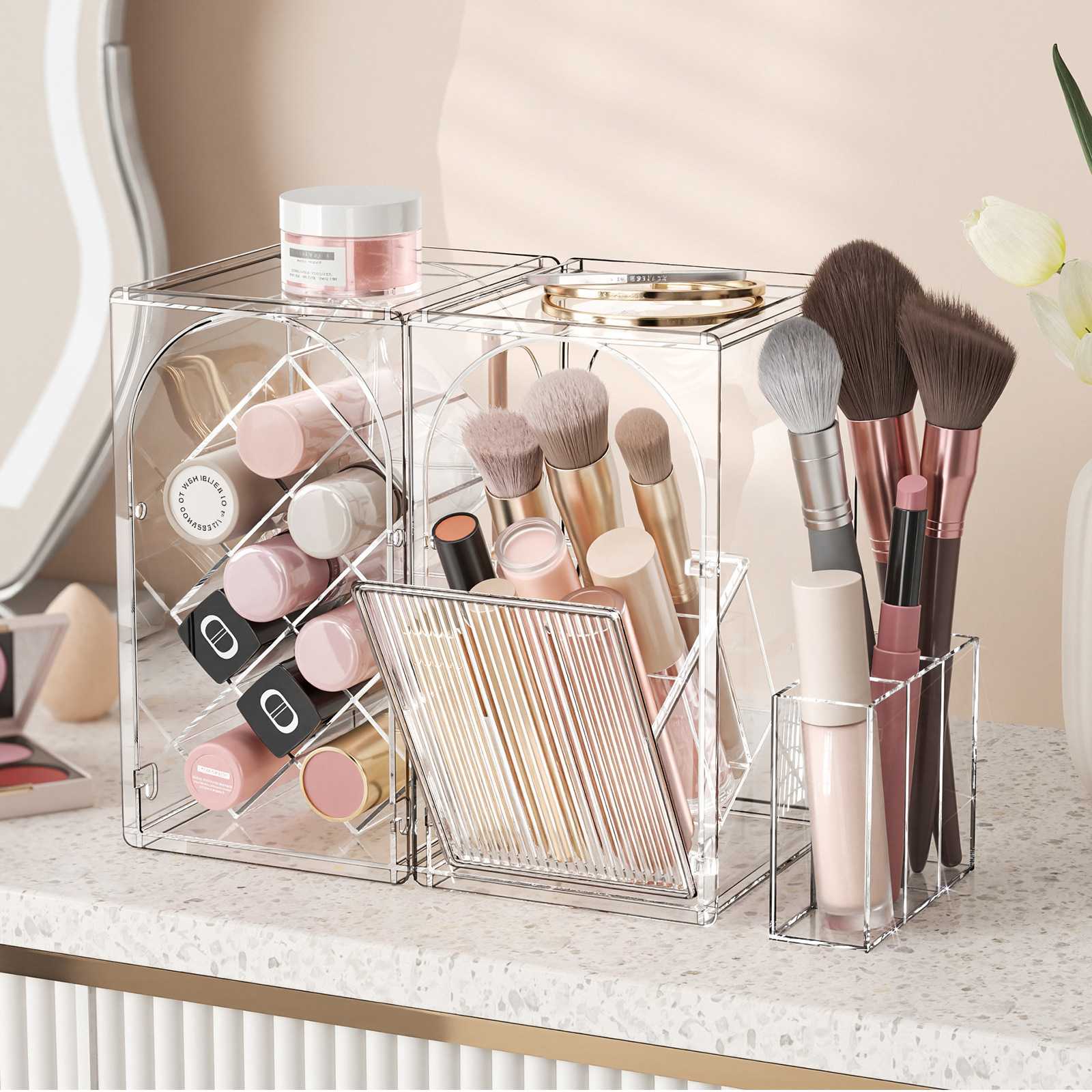 Makeup Brush Storage Box, Light Luxury Home Desktop Dust-Proof Makeup Brush and Eyebrow Pencil Storage Tube, Compartmentalized Lipstick Storage Rack