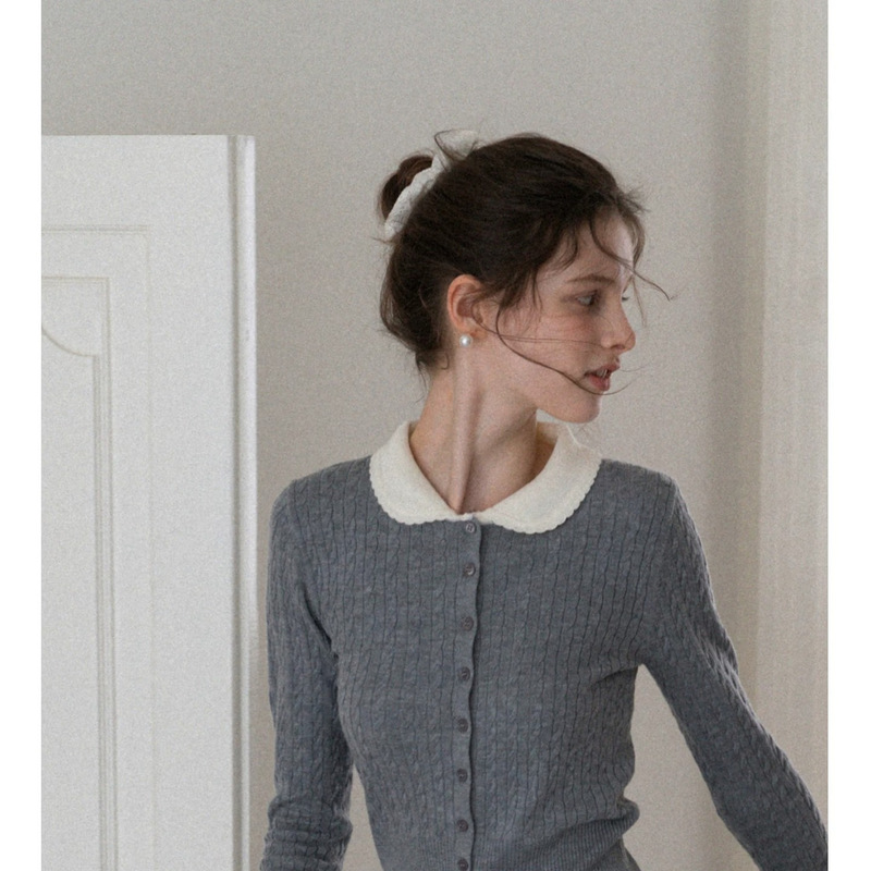 EGGKA Doll Collar Cable Knit Slim Fit Short Knit Sweater for Women, Autumn Cardigan, Elegant and Slimming Long Sleeve Top EGGKA Doll Collar Cable Knit Slim Fit Short Knit Sweater for Women, Autumn Cardigan, Elegant and Slimming Long Sleeve Top