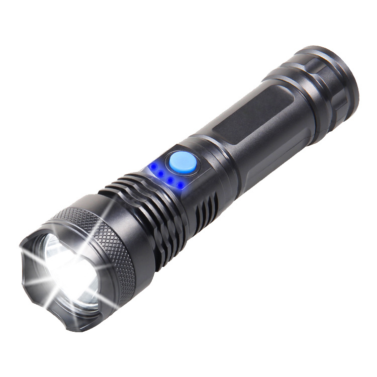 Linterna de plástico con luz fuerte y enfoque fijo LED al aire libre carga USB doméstica pantalla de energía portátil pequeña linterna