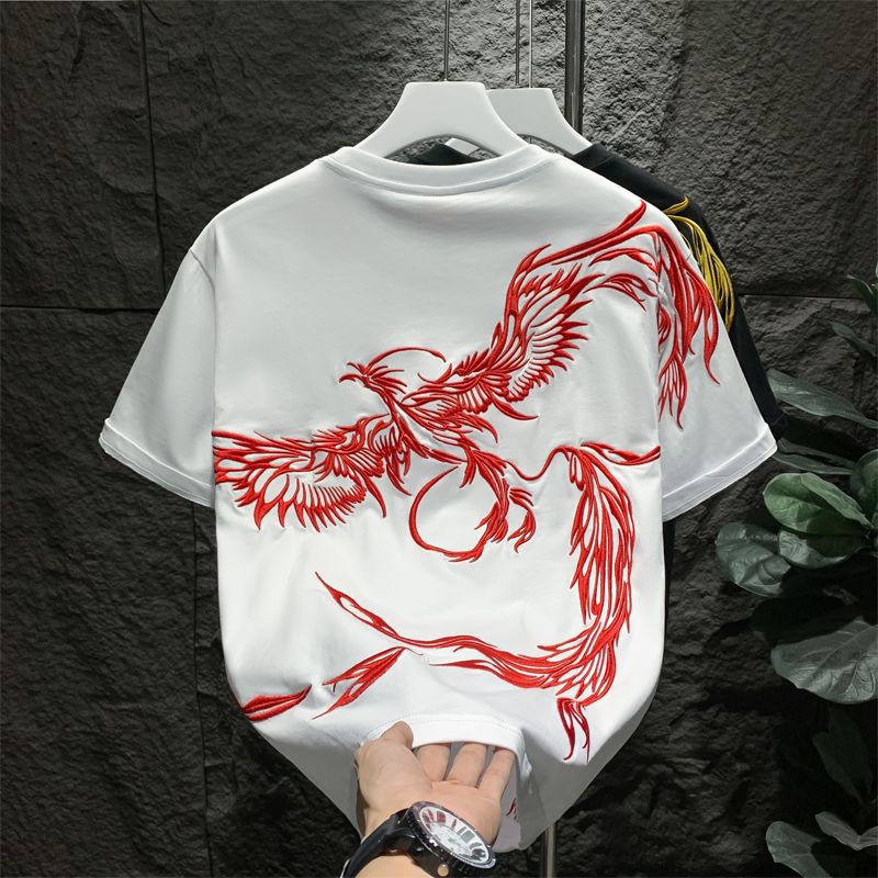 Men's Clothing Men's Phoenix Embroidered T-Shirt Heavy Duty Short Sleeve Round Neck National Trend Light Luxury Top Style Trendy Youth_viptrois.com