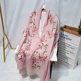 刺绣羊毛围巾纯色斜纹薄款秋冬百搭两用披肩结婚礼服外搭绣花披风