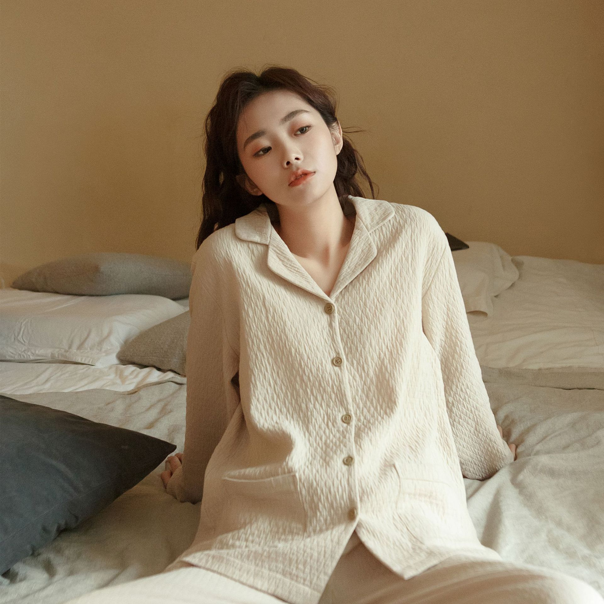 잠옷, 순면, 여성용 봄, 가을 심플 루즈 라펠 가디건, 긴팔 바지 정장, 여성용 커플 잠옷
