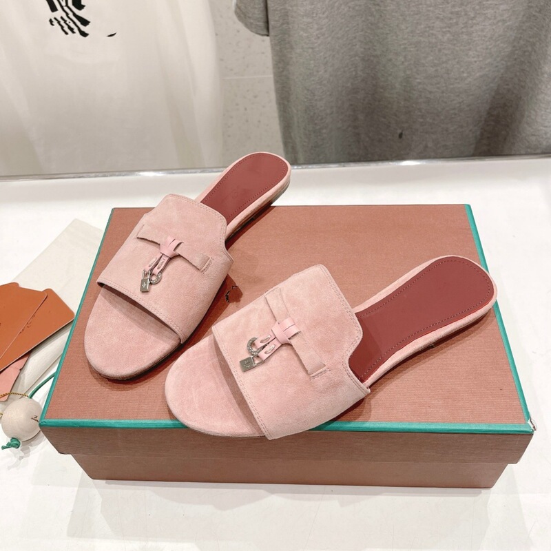 Authentic Women's Outdoor Mule Shoes, New Summer Model, Lp Flat Genuine Leather Slip-On Sandals with Small Gold Buckle