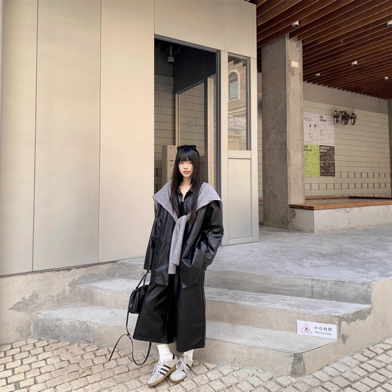 Black Sweet and Cool Motorcycle Style Suit for Women Autumn and Winter 2025 New Mid-Length Cheap Jacket Wide-Leg Leather Pants Two-Piece Set