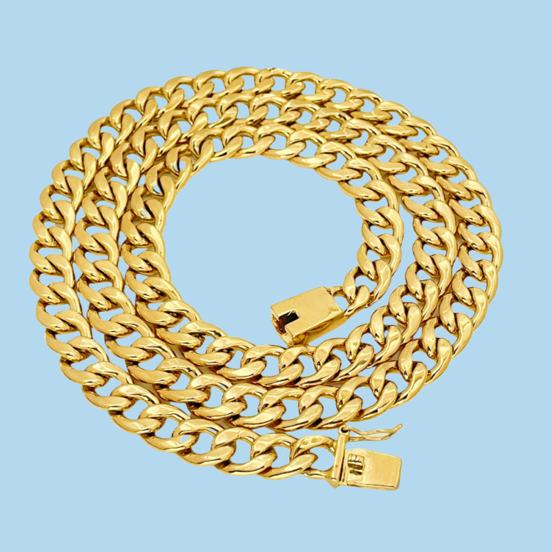 Bijou pour homme très demandé pour le commerce transfrontalier : Collier chaîne cubaine à maillons coupés sur le côté, 10 mm, 75 cm, cuivre plaqué or, sous vide_voghion.com
