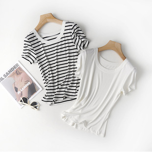Black and White Striped Short-Sleeved Women's Round Neck Slim-Fitting Threaded Breathable Top Summer Bottoming Shirt for Inner Wear and Outer Wear Solid Color Slimming