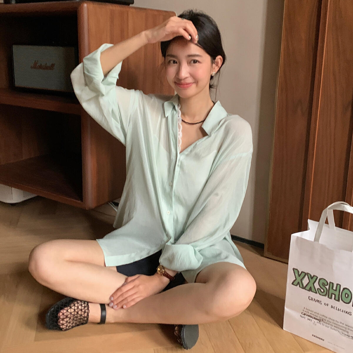 KITTIN hilo de cáñamo coreano hilo de cáñamo encaje hilo de cáñamo camisa holgada y cómoda mujer Tensi ropa de protección solar de manga larga 7866