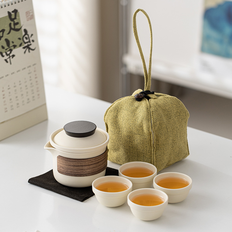 Ins Style Portable Travel Tea Set suit Cream White Outdoor Camping Express Cup Ceramic Tea Maker Custom Logo