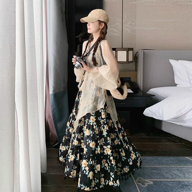Black Floral Dress Set for Women 2026 Summer New Design for Petite Figures, Cardigan and Slip Dress Two-Piece Set