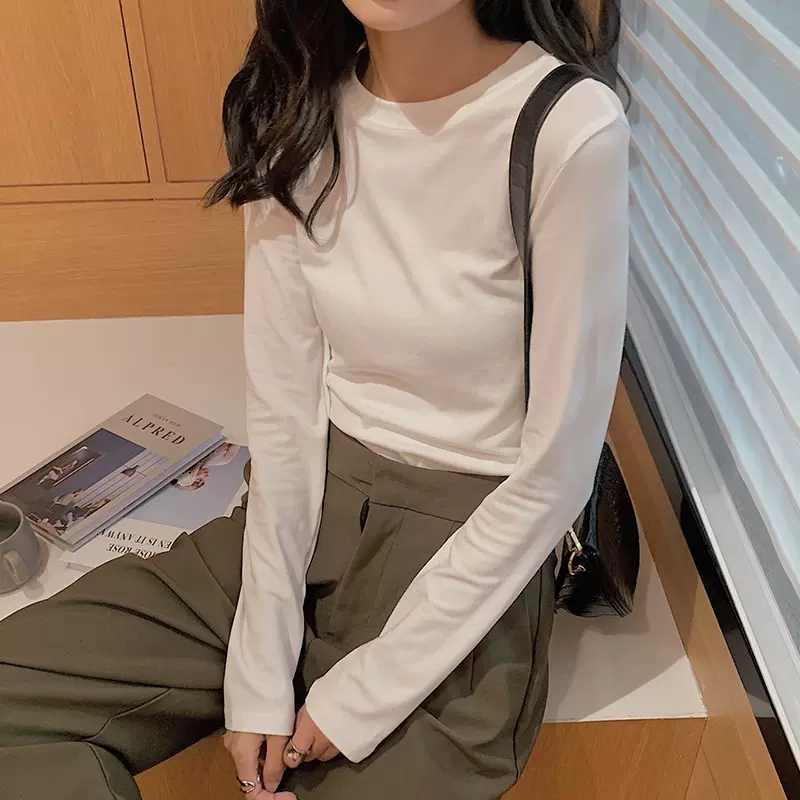 300g新疆纯棉简约白色打底衫女内搭2024春秋圆领长袖T恤女上衣ins