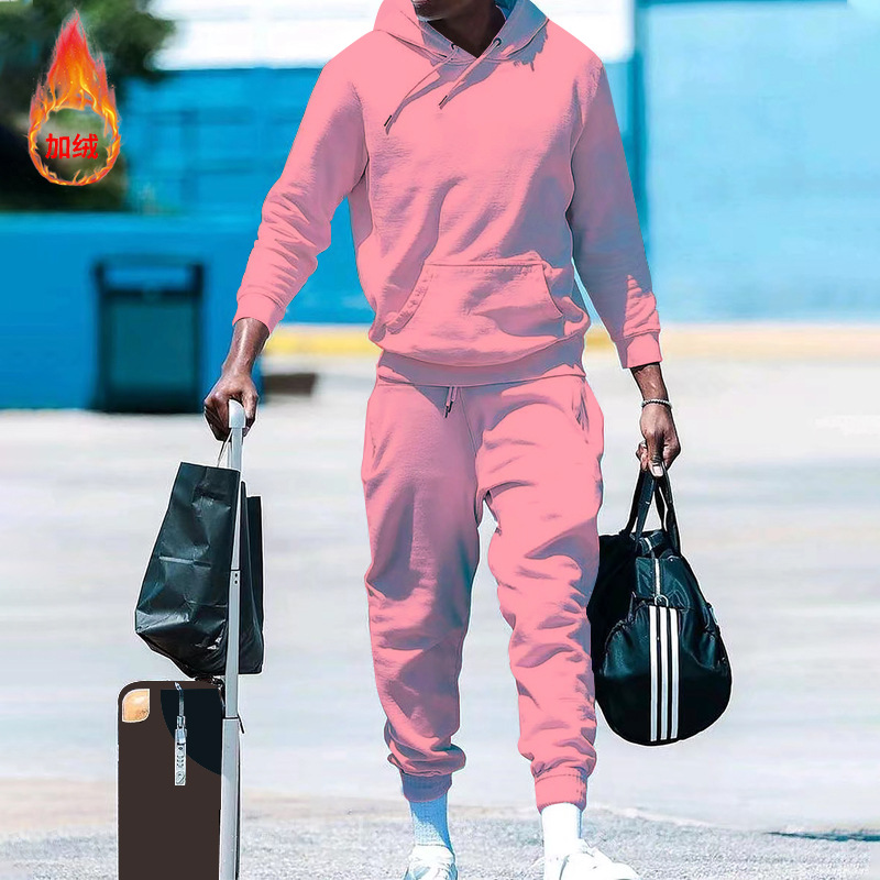 2023 estación independiente transfronteriza con capucha de lana forrada suéter de color sólido traje europeo y americano suelto casual de dos piezas ropa de hombre