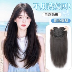 髪をつけないネットの中で、長いストレートかつらの女性が白髪の全頭カバーの増発量をカバーしているファッションかつらの頭の上で髪を補充します。