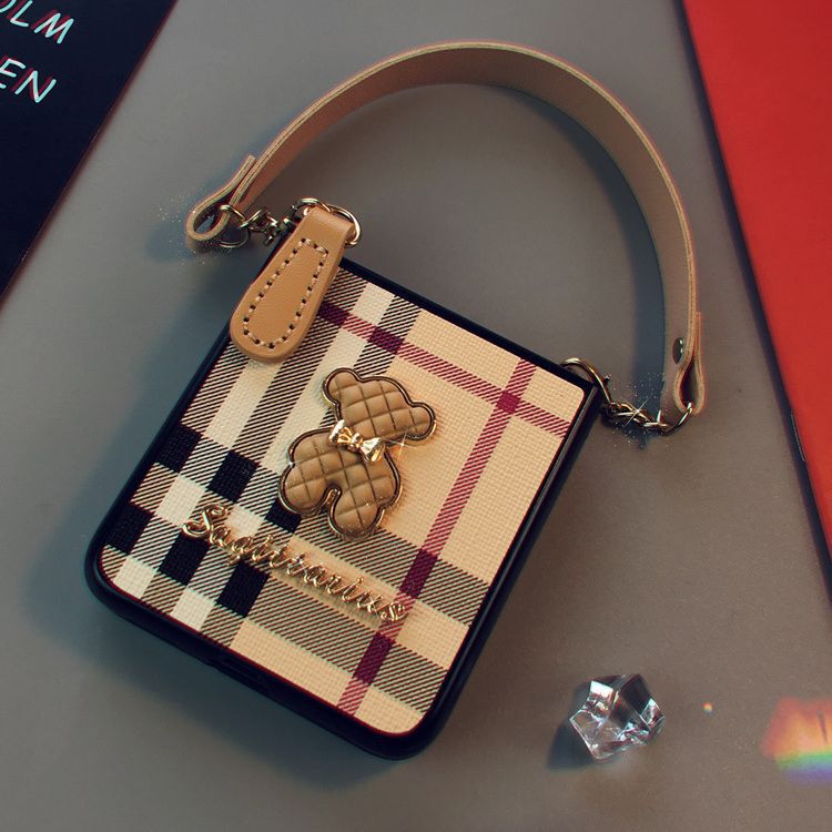 Leather Plaid for Huawei p50pocket Phone Case Cartoon Bear Z flip3 Folding Screen Lanyard Case