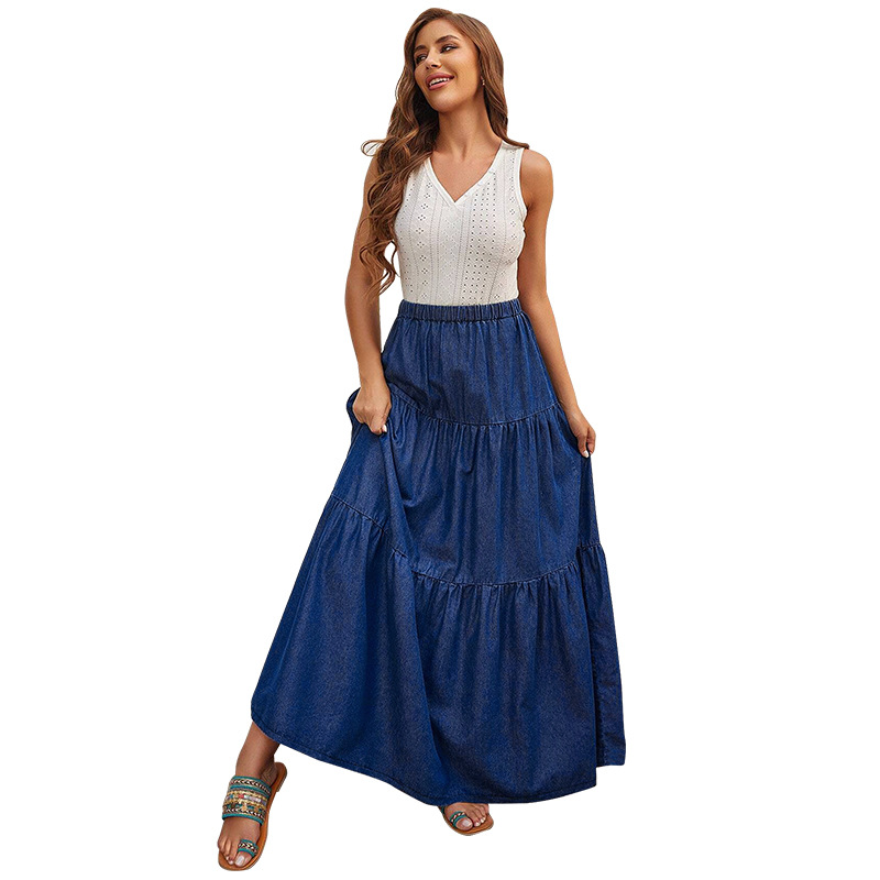 Jupe longue maxi en jean grande taille avec poches, en mélange de coton lavé extensible pour femmes_voghion.com