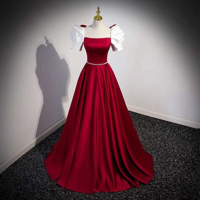 Vestido de noche rojo para brindis, nuevo estilo 2026, vestido de anfitriona de alta gama con mangas abullonadas estilo francés para primavera, ideal para examen de canto. image 4