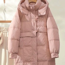 鸭绒服太赤牛角扣连帽中长款羽绒服女宽松加厚时尚外套冬季新款