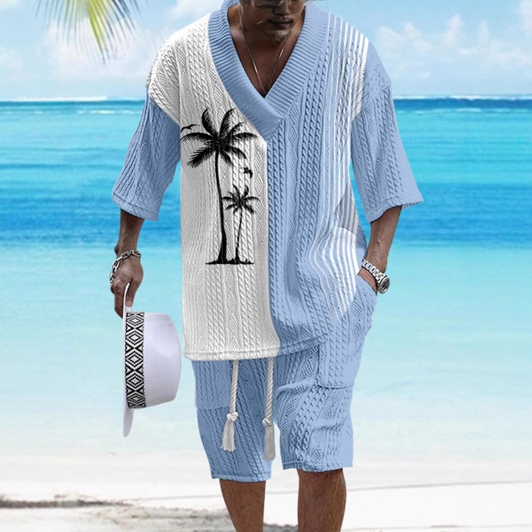 2025 국경 간 핫 세일 니트 자카드 여름 해변 스타일 남성 v 넥 셔츠 반바지 투피스 프린트 슈트
