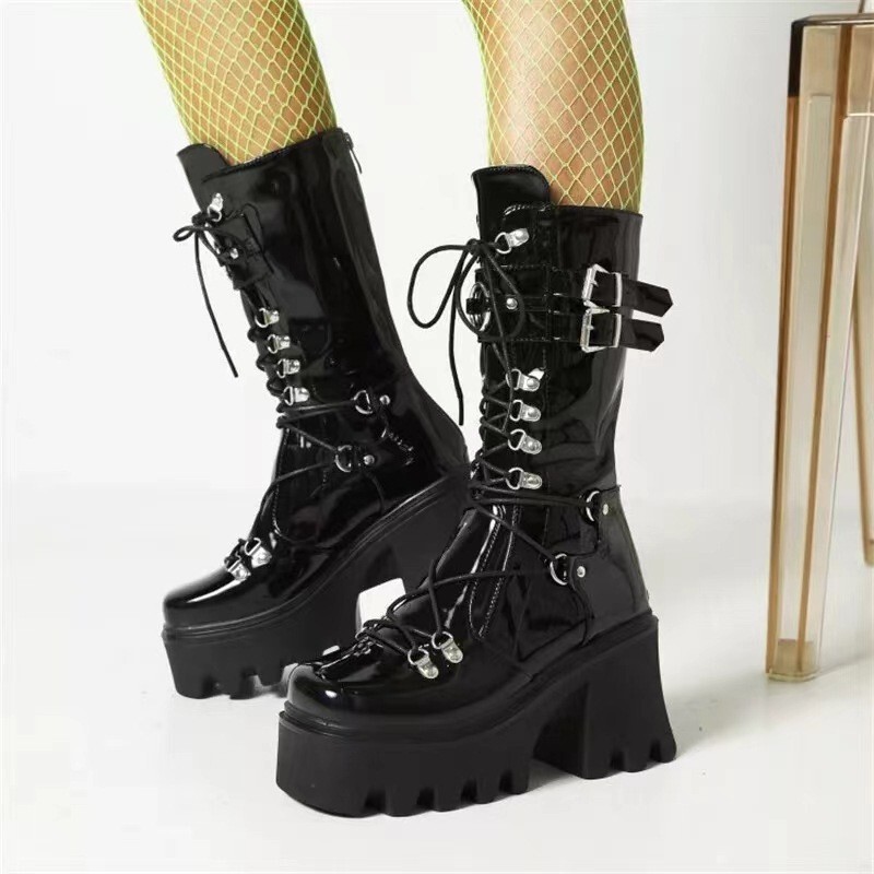 23 Autumn and Winter Women's Boots Black Patent Leather Mid-Boots Women's Belt Buckle Thick Bottom Front Lace-Up Motorcycle Boots Women's High Boots