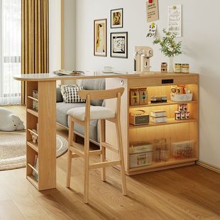 Solid Wood Nordic Bar Table Integrated Home Dining Side Cabinet Small Apartment Living Room Island Dining Table Retractable Partition Storage