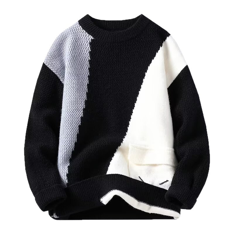 Explosiones transfronterizas de tamaño europeo tamaño grande color contrastante junta camiseta de punto suéter hombre cuello redondo alta fábrica de camiseta de otoño y invierno al por mayor