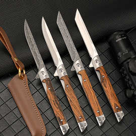 不锈钢大马士革纹折叠刀多用途户外野营快开小刀随身高硬度折刀