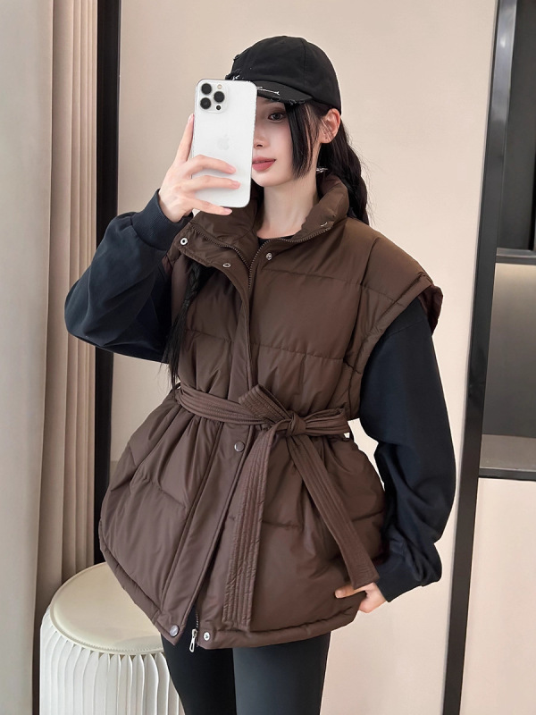 中长款马甲女秋冬新款2025年韩版宽松有腰带立领女式马夹背心外套|undefined