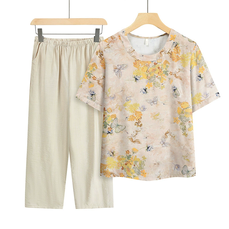 Летний костюм для среднего и пожилого возраста, хлопковый шелковый костюм-двойка для пожилых людей, пуловер с короткими рукавами для бабушки, футболка для мамы