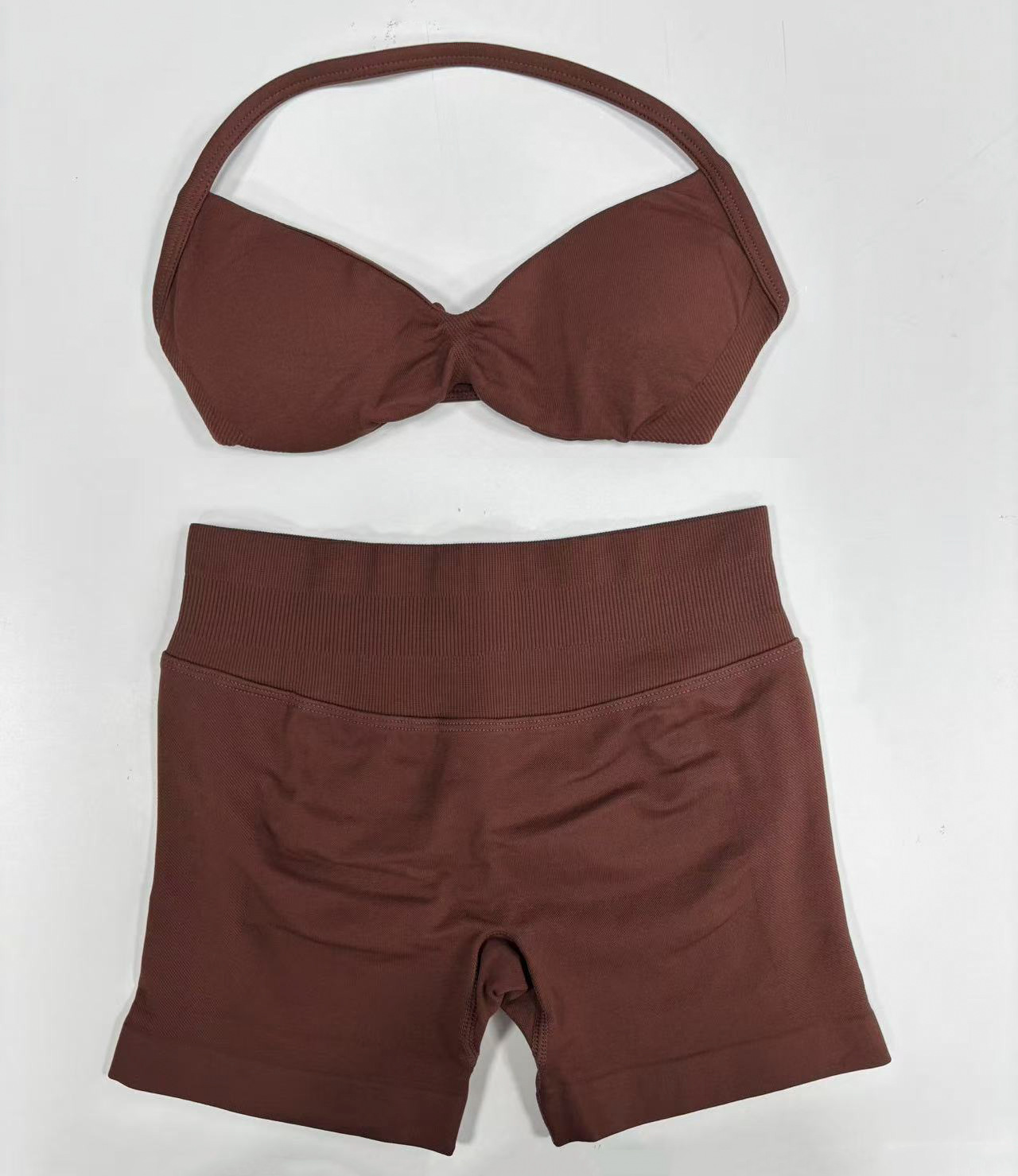 Conjunto DF Amazon pantalones cortos explosivos sujetador pequeño alto elástico superfino nailon halter cuello hermoso chaleco deportivo trasero
