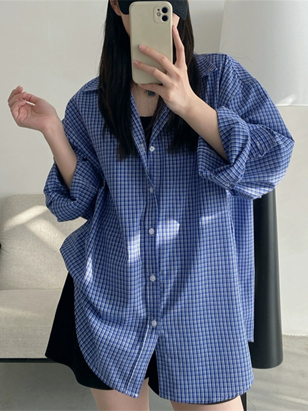 韩系蓝色格子衬衫外套女早秋穿搭新款学院风宽松叠穿上衣休闲衬衣|undefined