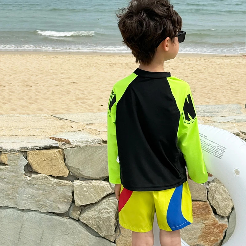 [with Hat] Children's Swimsuit Boys New Long Sleeve Boys Student Swimming Trunks Quick-Drying Split Beach Swimwear