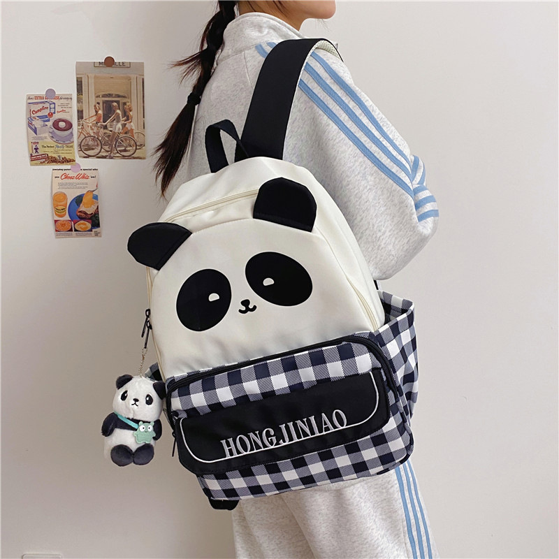 Nuevo cuadrícula universal mochila de chicas ociosas lindas caricaturas pandas mochila de escolares para estudiantes de secundaria primaria y secundaria