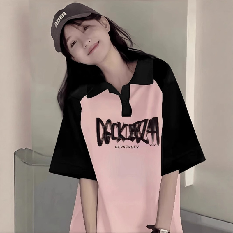 Contrast Color Printed Pure Cotton Raglan Short-Sleeved T-Shirt for Female Junior High School Students and College Students Summer New Splicing Tops