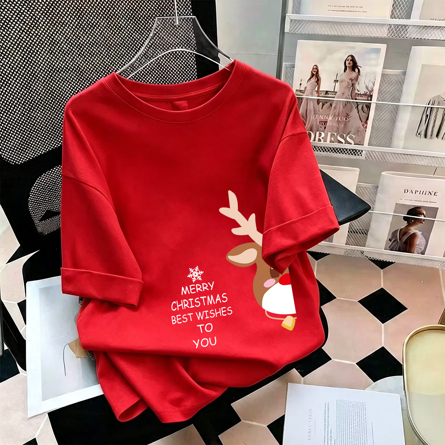 Summer Family Outfits 2027 Christmas Green T-Shirts, Cartoon Reindeer Mother and Child/Mother and Daughter Short-Sleeve T-Shirts