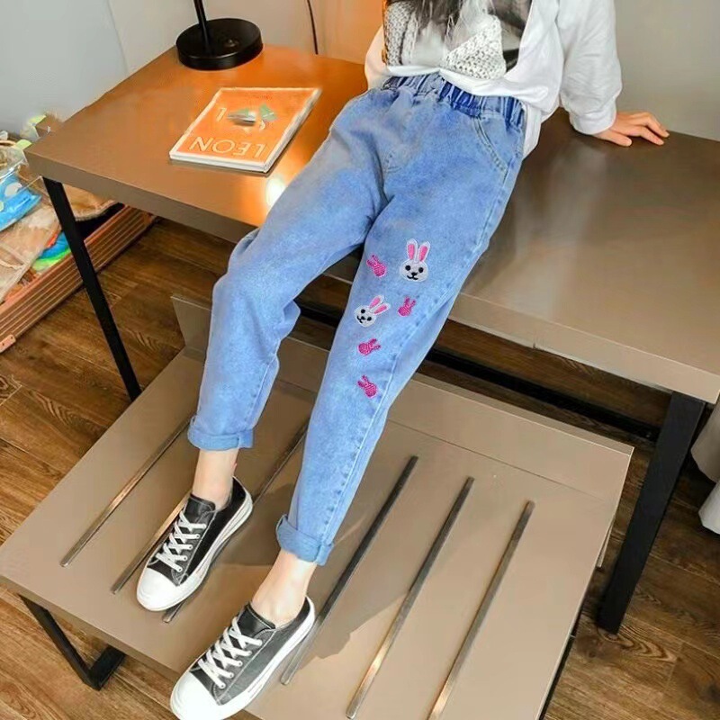 女の子のワークジーンズ春と秋の新しい工場子供服卸売中型および大型子供用ストレートレッグルーズワイドレッグ子供用ズボン|undefined