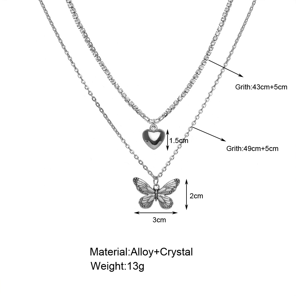 Fashion Silvery Adjustable Double Layer Pendant Heart Butterfly Alloy Necklace display picture 1