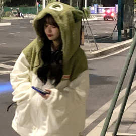 仿小怪兽外套女秋冬宽松短袖设计感小众加厚毛绒卫衣亚马逊爆品