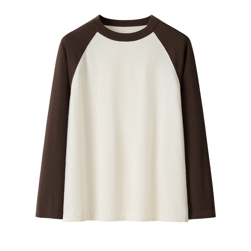 Fine 16-gauge plain weave simple loose color-blocked raglan sleeve sweater, round neck, retro patchwork pure cashmere knitwear
