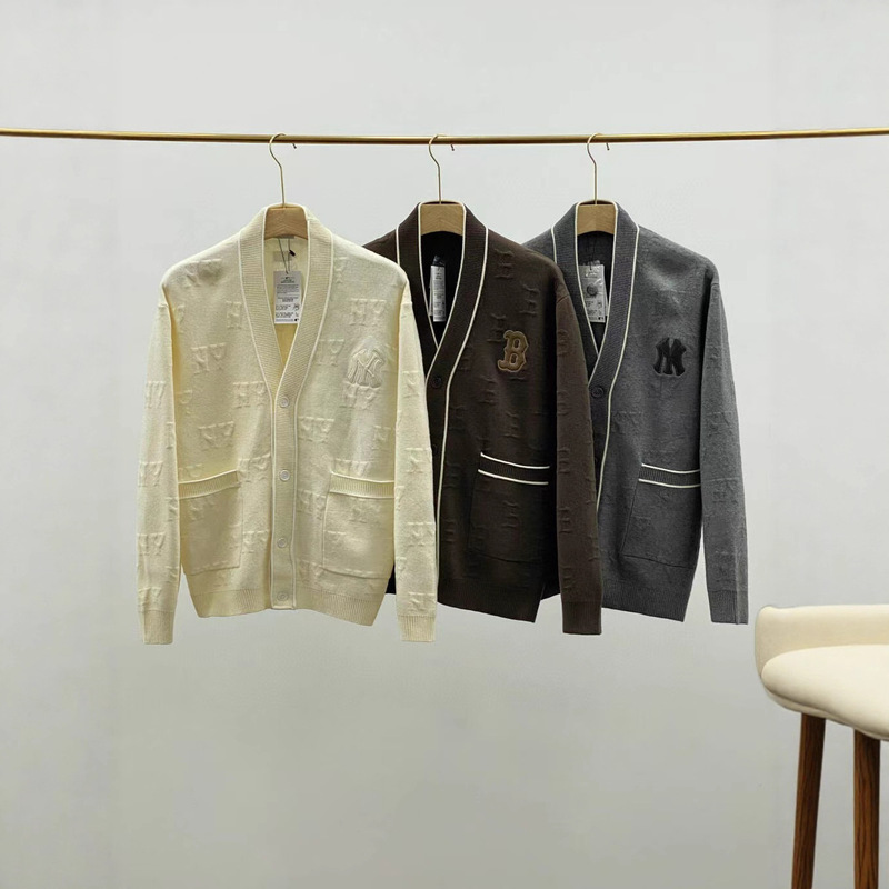 Mlb High-Quality Autumn and Winter New Dark Pattern Stereo Relief Presbyopic Knitwear Men's and Women's Fashion Cardigan Knitwear Jacket