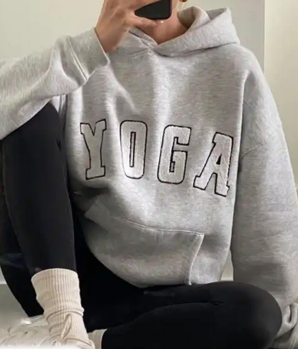 New Casual Gray Embroidered YOGA Printed Loose Hooded Women's Sweatshirt_voghion.com