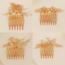 欧美设计感新娘发梳精美婚礼盘发配饰金丝花卉蝴蝶锆石插梳头饰女